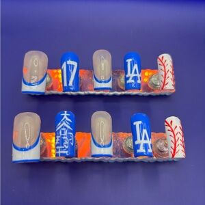 Blue and White LA Dodger Ohtani Themed Press-On Nails